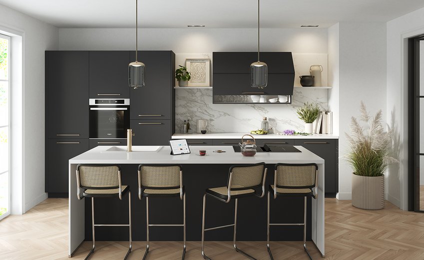 Cuisine minimaliste noir mat, îlot central avec façade en bois, ouvert sur l’espace de vie