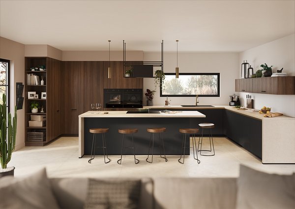 Moderne minimalistische keuken met zwarte en houten kasten, een wit stenen aanrechtblad en een kookeiland met eethoek