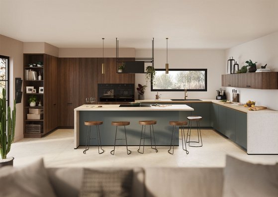 L'espace cuisine moderne intègre un grand îlot