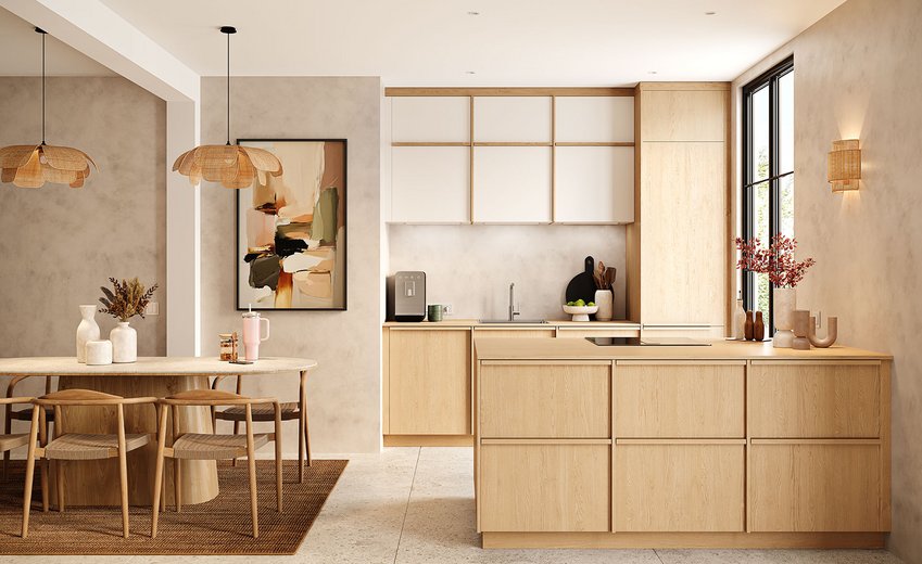 [Translate to Néerlandais:] Cuisine épurée moderne en bois clair et façades blanches, îlot central spacieux, murs texturés beige, suspensions et appliques murales en fibres naturelles.