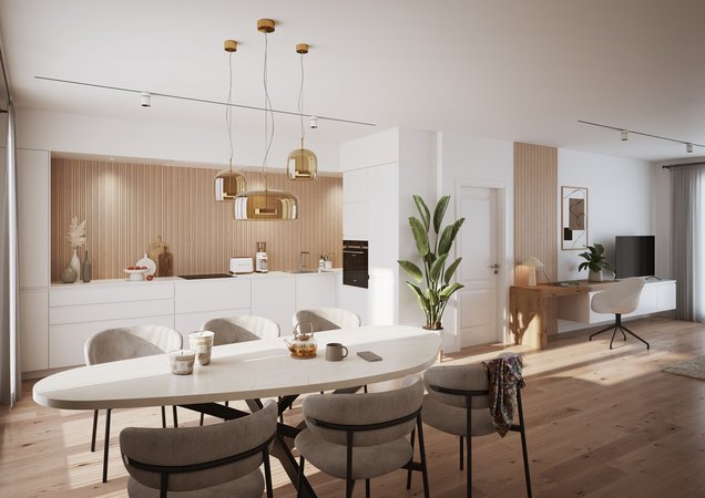 Minimalistische, eigentijdse witte keuken, met een eiland met een licht houten front en een aanrechtblad met marmer-effect, een gemarmerde achterwand, en langwerpige zwarte hanglampen.