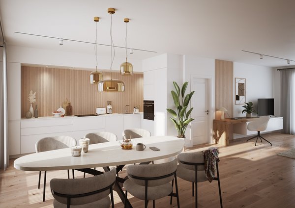 Modern keukeneiland in wit en hout met een achterwand met marmer-effect. Minimalistische, eigentijdse witte keuken, met een eiland met een licht houten front en een aanrechtblad met marmer-effect, een gemarmerde achterwand, en langwerpige zwarte hanglampen.