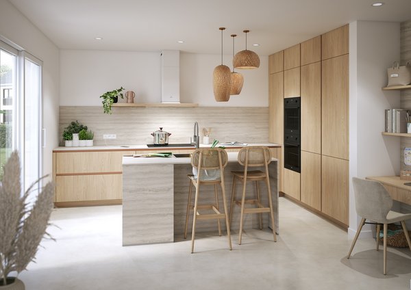Cuisine ouverte ambiance naturelle bois clair et fibres tressées Cuisine moderne minimaliste en bois chêne clair, îlot central avec crédence minérale, suspensions en rotin et tabourets de bar en cannage.