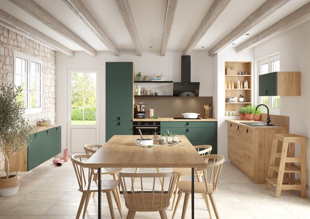 Cuisine vert mineral et bois de chêne, crédence à tasseaux de bois, poutres apparentes, grand placard colonne et évier noir mat.