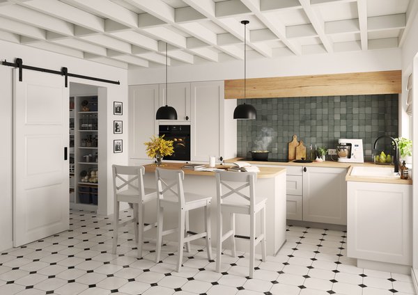 Cuisine contemporaine farmhouse blanche Grande cuisine lumineuse de style moderne rustique avec meubles blancs à cadre, îlot central avec plan de travail en bois clair.