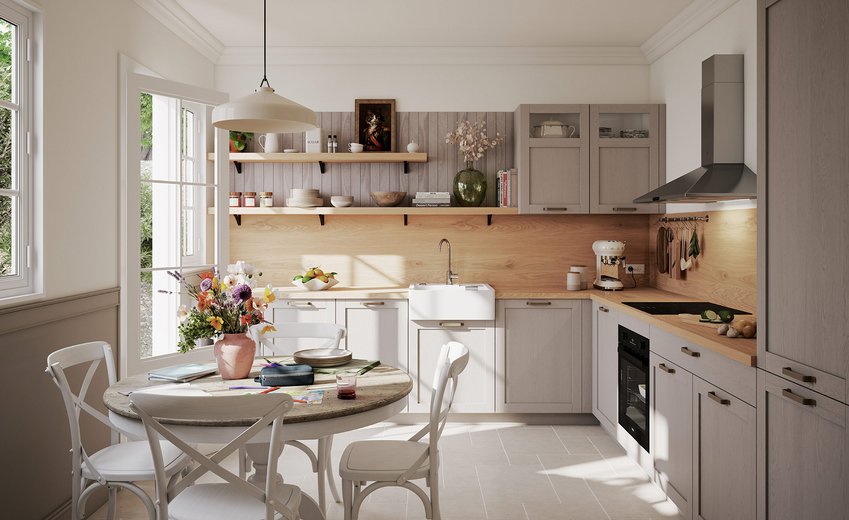 Cuisine lumineuse et conviviale avec meubles bas beige, crédence et étagères ouvertes en bois clair, évier de style farmhouse, table ronde blanche et chaises à croisillons.