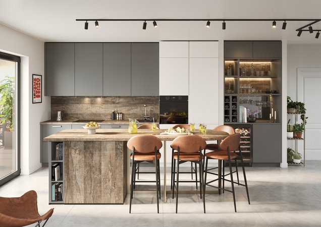 Le gris clair combiné à un bois légèrement foncé crée un look moderne, ordonné et lumineux. Si vous aimez les matériaux bruts (acier, béton, métal noir), le bois est essentiel pour réchauffer l’ensemble.