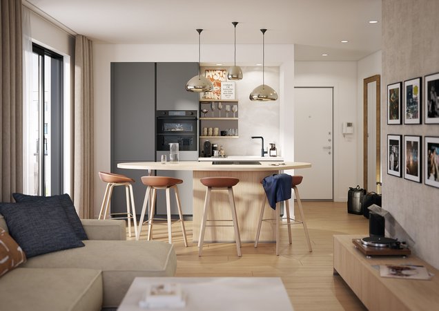 Cuisine ouverte linéaire avec îlot bar ce plan fluide maximise l'espace et le style contemporain pour une vie conviviale au quotidien