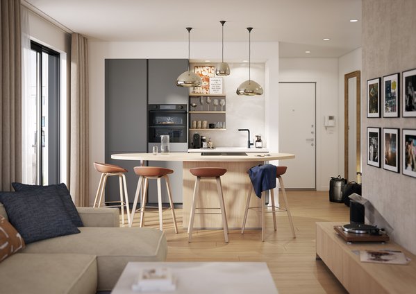 Cuisine ouverte linéaire avec îlot bar ce plan fluide maximise l'espace et le style contemporain pour une vie conviviale au quotidien